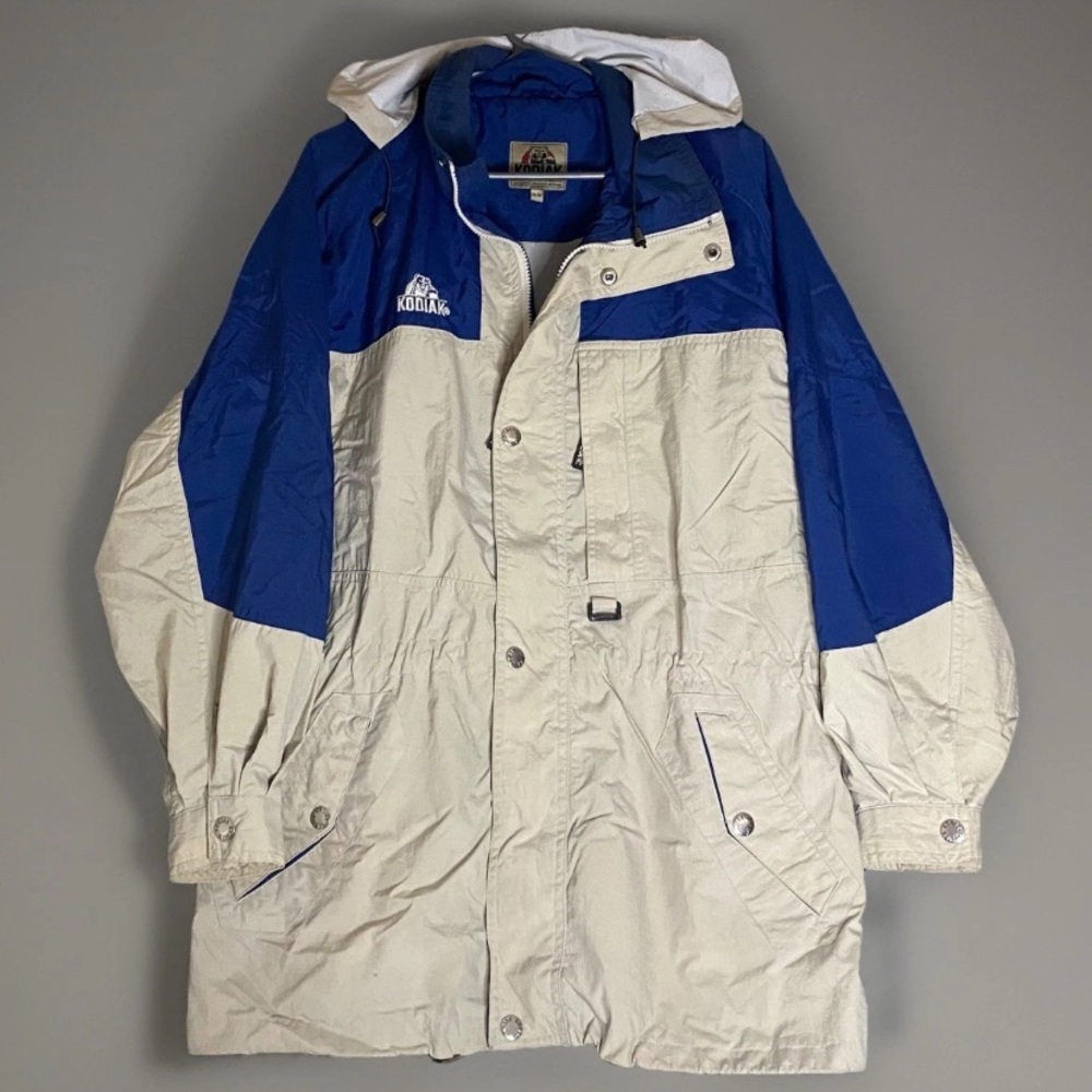 Kodiak Nylon Jacket Vintage Blue & Beige‎ Mens M Classic Raincoat Hiking Camping